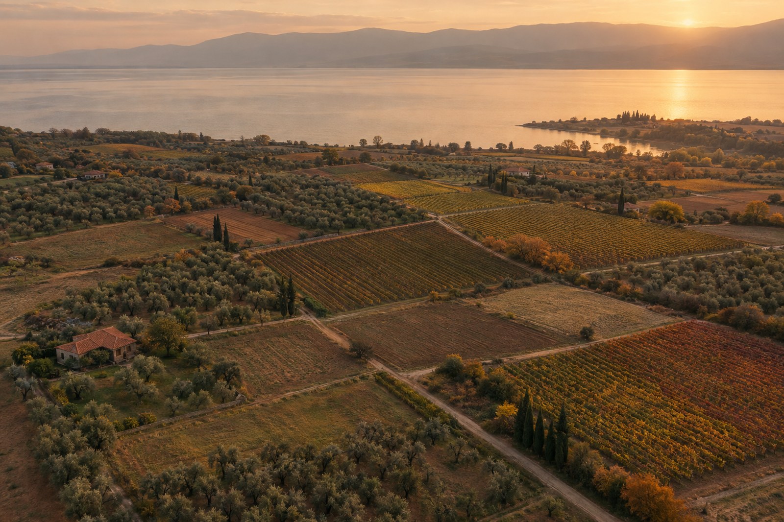 İznik gölü kıyısında farklı nitelikte tarım parselleri — zeytinlik, bağ, tarla ve köy yerleşimi görünen aerial fotoğraf